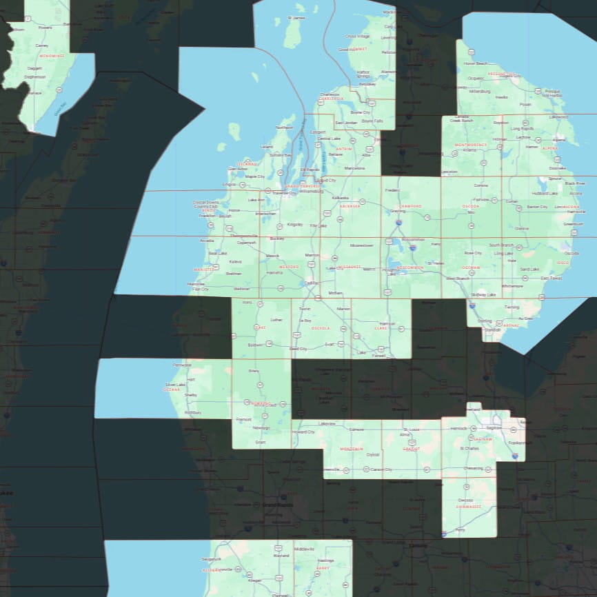 Map highlighting Alcona, Allegan, Alpena, Antrim, Arenac, Barry, Benzie, Charlevoix, Cheboygan, Clare, Crawford, Emmet, Grand Traverse, Gratiot, Iosco, Kalkaska, Lake, Leelanau, Manistee, Menominee, Missaukee, Montcalm, Montmorency, Newaygo, Oceana, Ogemaw, Oscoda, Osceola, Presque Isle, Roscommon, Saginaw, Shiawassee, and Wexford counties
