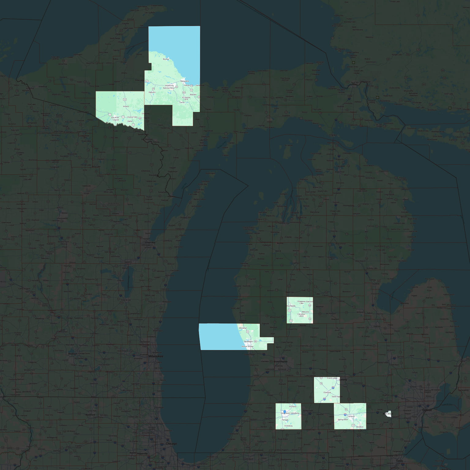 Map highlighting Eaton, Iron, Jackson, Kalamazoo, Marquette, Mecosta, and Muskegon counties as well as the cities of Ann Arbor and Kalamazoo