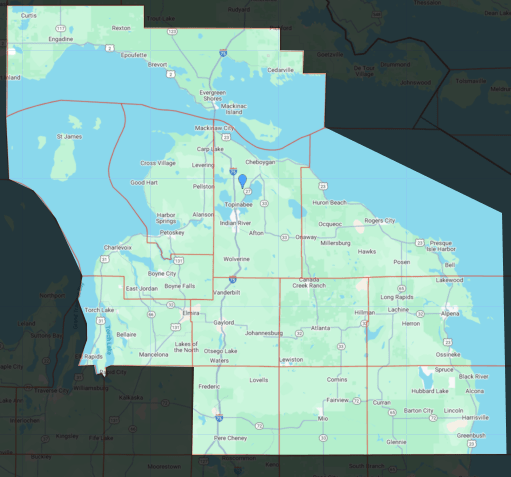 Map of Michigan highlighting Alpena, Alcona, Antrim, Charlevoix, Cheboygan, Crawford, Emmet, Mackinac, Montmorency, Ocsoda, Ostego, and Presque Isle counties.