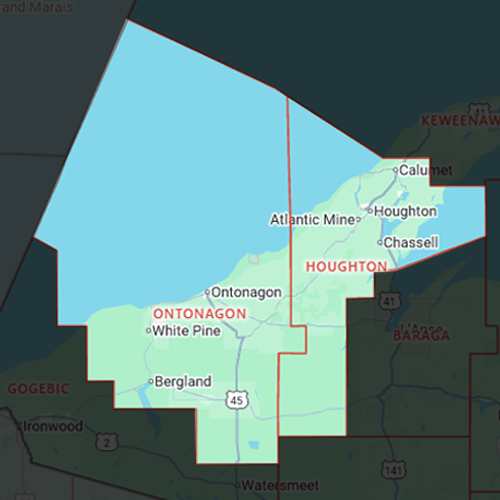 Map highlighting Houghton and Ontonagon counties.