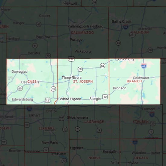 Map highlighting Cass, St. Joseph, and Branch counties