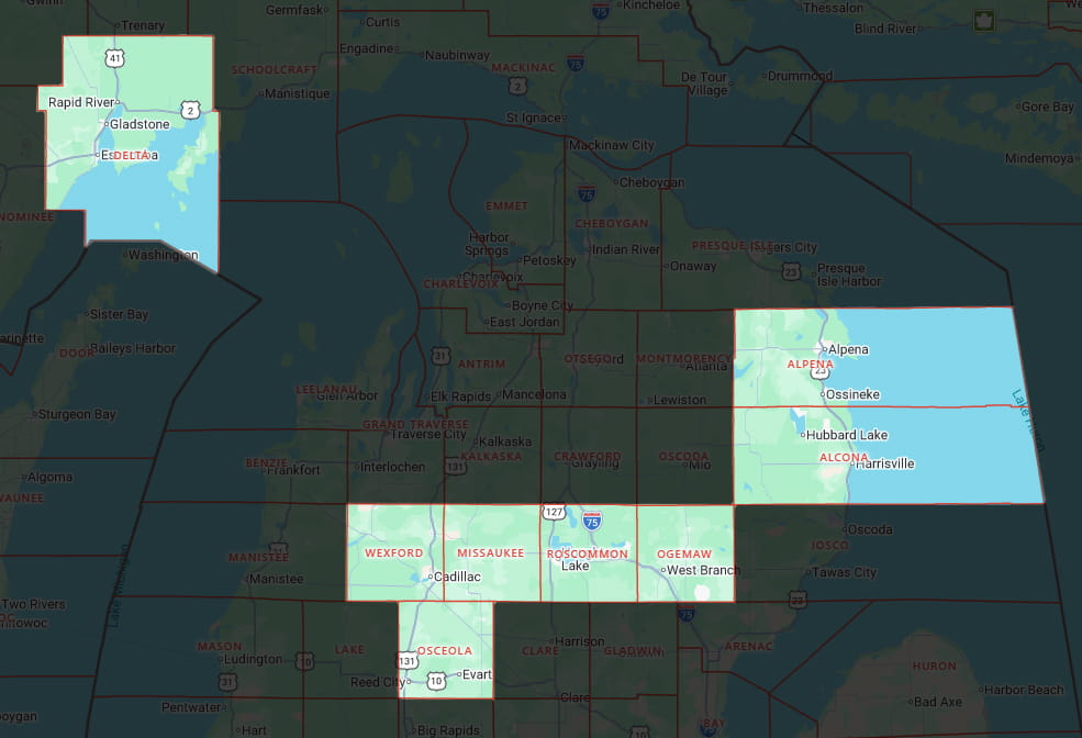 Map of upper Michigan highlighting Alcona, Alpena, Delta, Missaukee, Ogemaw, Osceola, Roscommon and Wexford counties.