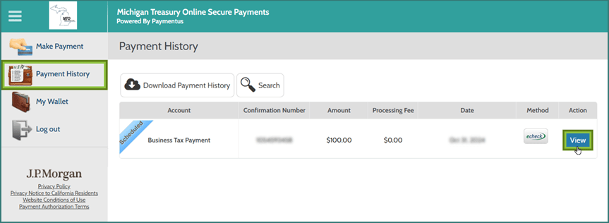 Paymentus Payment History screen focusing on the View action.