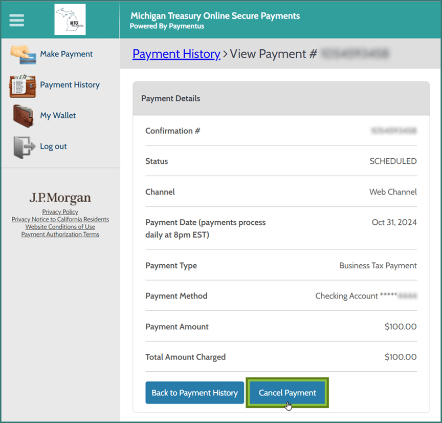Paymentus View Payment screen focusing on the Cancel Payment button.