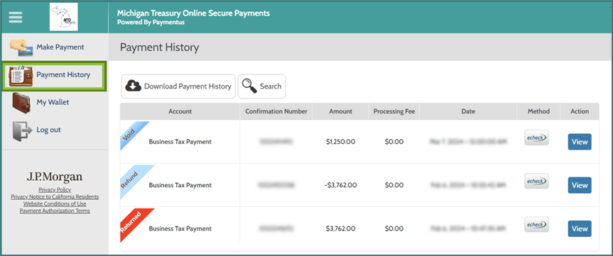 Paymentus Payment History screen focusing on payment banners.