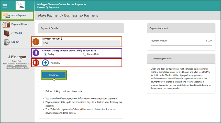 Making a payment in Paymentus, focusing on payment amounts, payment date, and add new