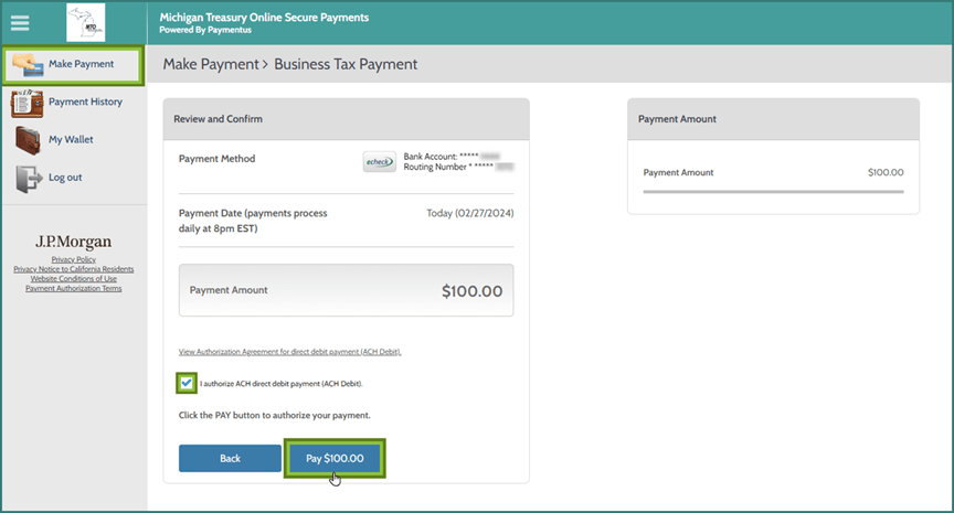 Making a payment in Paymentus focusing on the I Authorize ACH direct debit payment checkbox