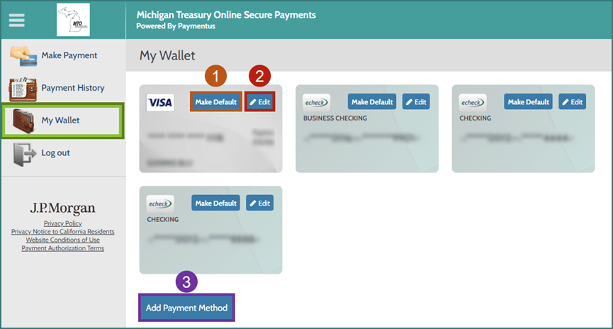Paymentus My Wallet screen focusing on Make Default and Edit buttons.