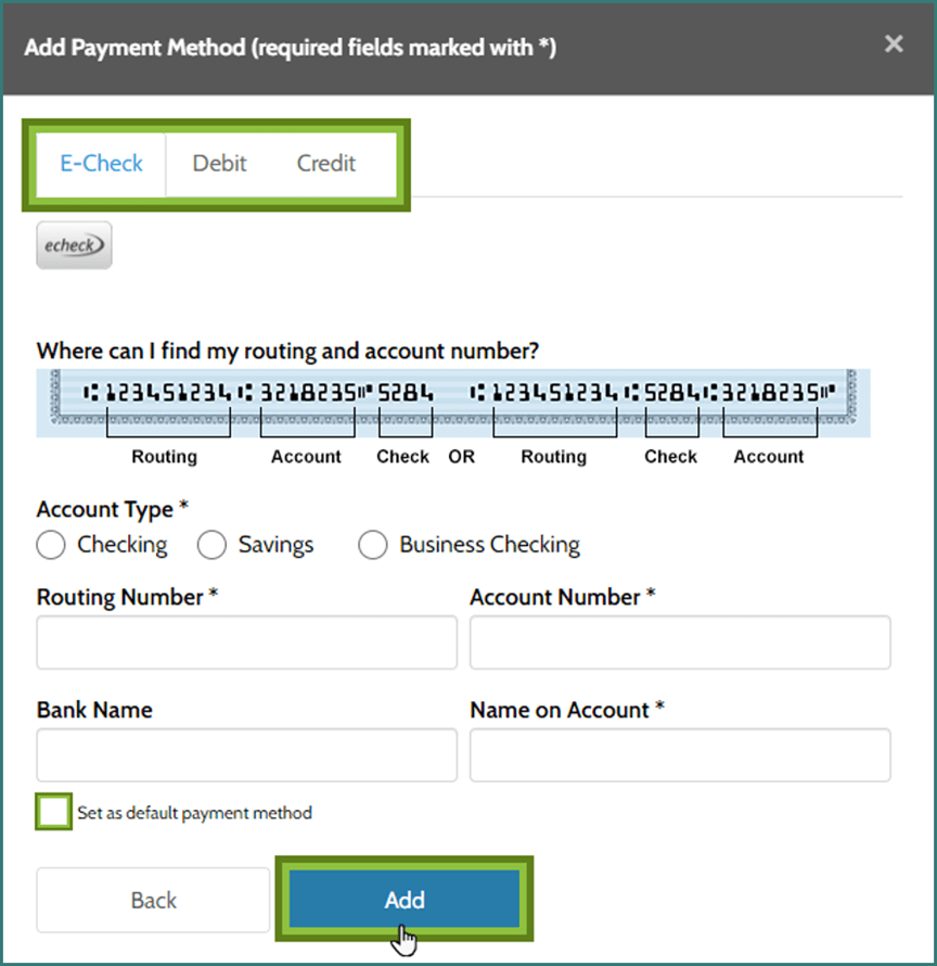 Paymentus Add Payment Method screen.