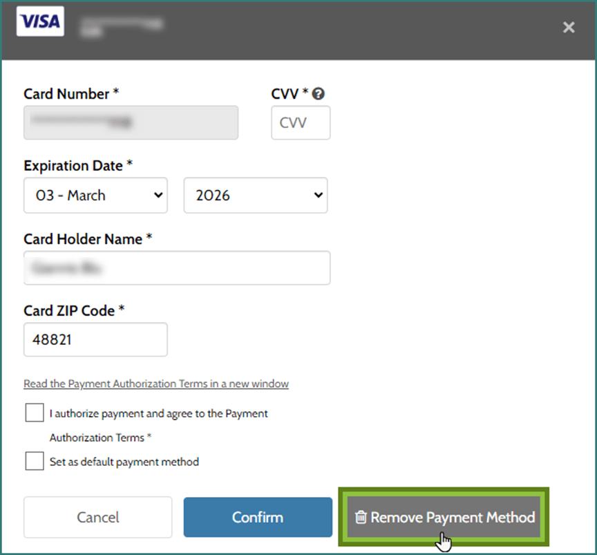 Paymentus Visa Payment method screen focusing on Remove Payment Method button.