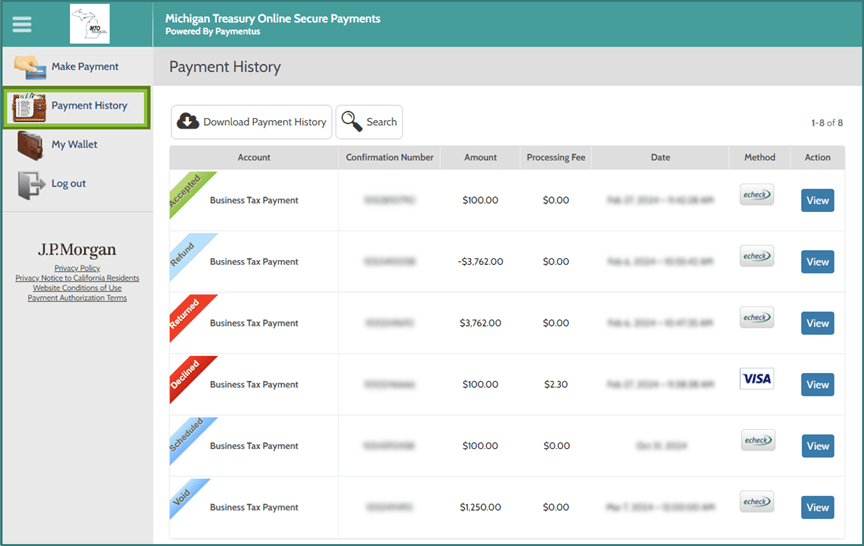 Paymentus Payment History page focusing on payment banners.