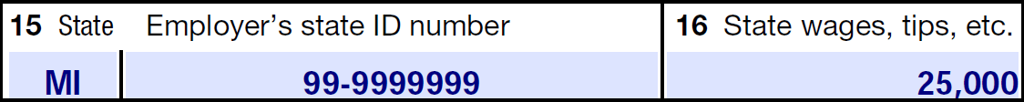 Income Record showing MI in Box 15 (State), 99-9999999 in Box 15 (Employer's state ID number, and 25,000 in Box 16 State wages, tips, etc.