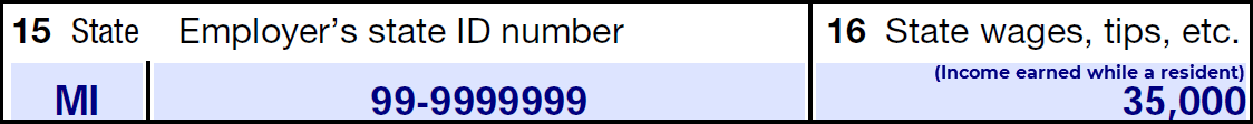 Income Record showing MI in Box 15 (State), 99-9999999 in Box 15 (Employer's state ID number, and 35,000 in Box 16 State wages, tips, etc.