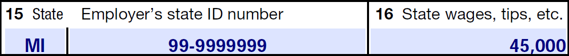 Income Record showing MI in Box 15 (State), 99-9999999 in Box 15 (Employer's state ID number, and 45,000 in Box 16 State wages, tips, etc.