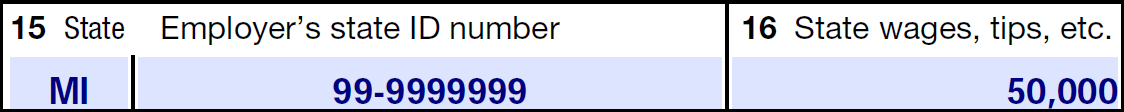 Income Record showing MI in Box 15 (State), 99-9999999 in Box 15 (Employer's state ID number, and 50,000 in Box 16 State wages, tips, etc.