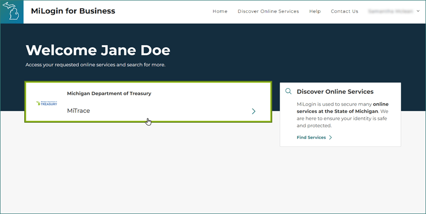 MiLogin for Business homepage. The picture highlights the new Michigan Department of Treasury section and indicates where to select MiTrace.