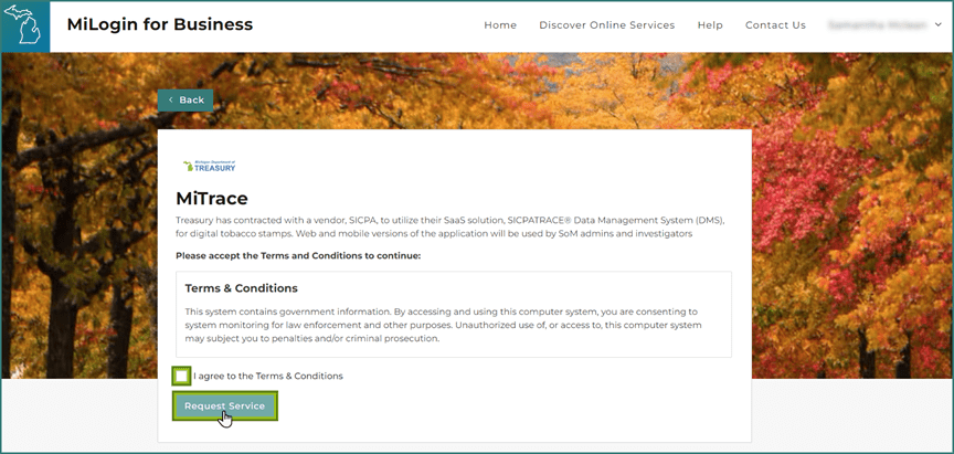 MiLogin for Business MiTrace terms and conditions page. The picture shows where to select the box to agree to the Terms and Conditions and where to click Request Service.