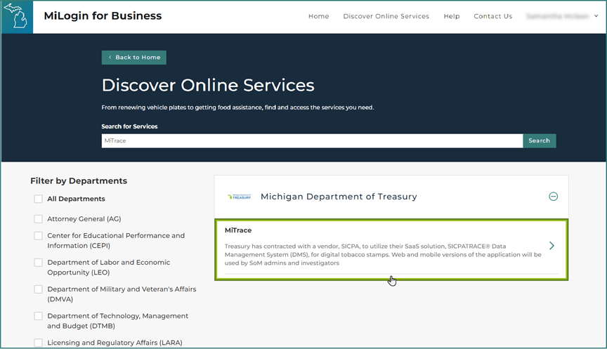 MiLogin for Business discover online services page. The picture shows selecting MiTrace from the Discover Online Services search.