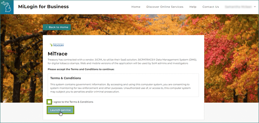 MiLogin for Business MiTrace terms and conditions page. The picture shows where to select the box to agree to the Terms and Conditions and where to click Launch Service.