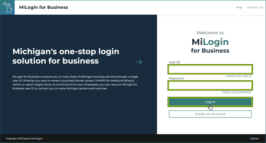 MiLogin for Business log in page. The picture highlights where to input your User ID and password as well as where to select Log In.