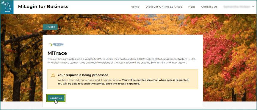 MiLogin for Business MiTrace terms and conditions page. The picture shows the "your request is being processed" message.