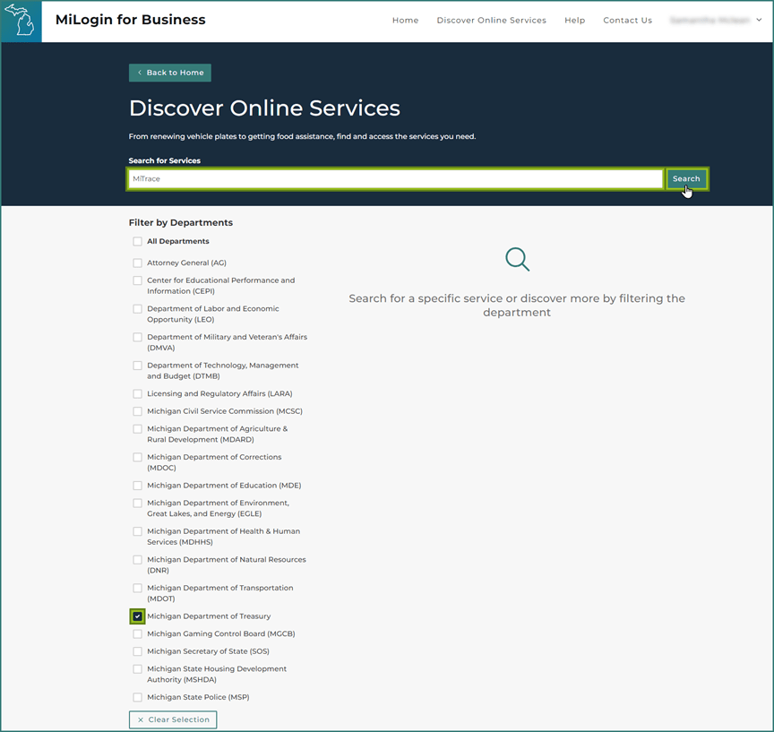 MiLogin for Business discover online services page. The picture shows where to type in "MiTrace" and select Search or where to filter by Michigan Department of Treasury services (by selecting the 16th checkbox from the top of the screen).
