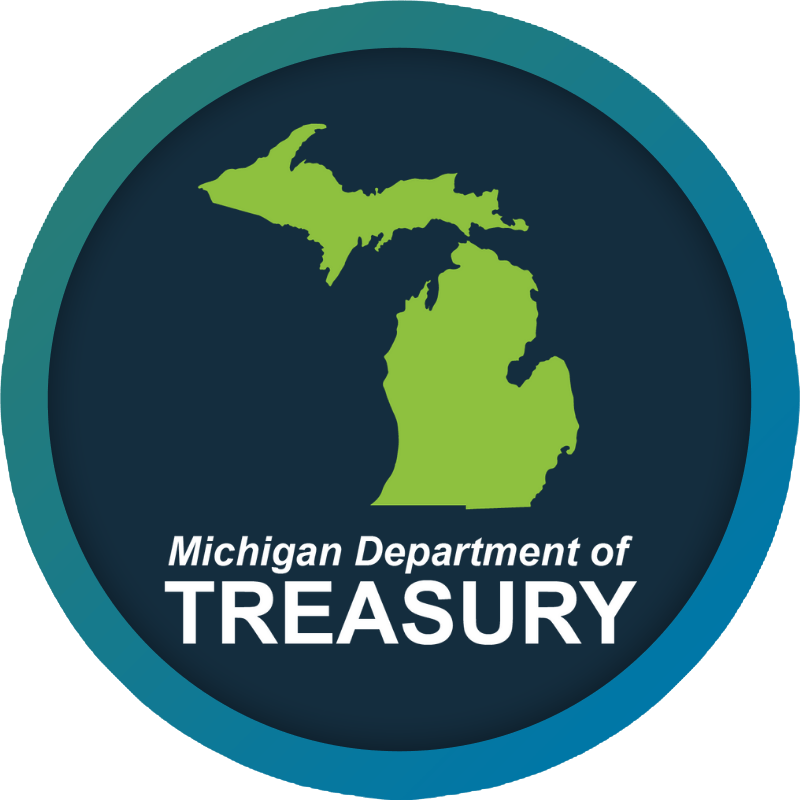 Department of Treasury logo with outline of state of michigan