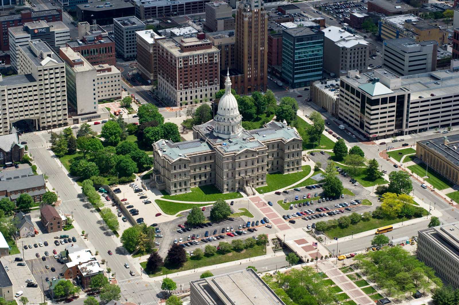 Aerial photo of the Michigan State Capitol in downtown Lansing, Michigan.