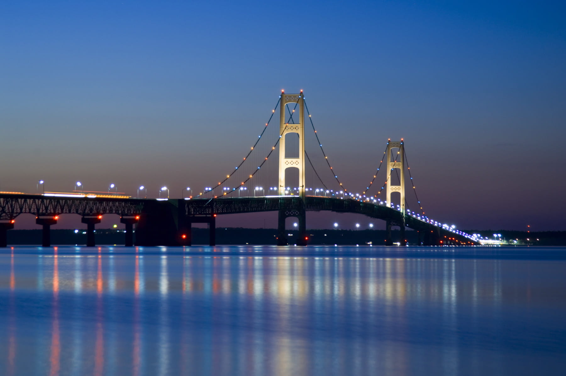 Photo of Mackinac Bridge at dusk.